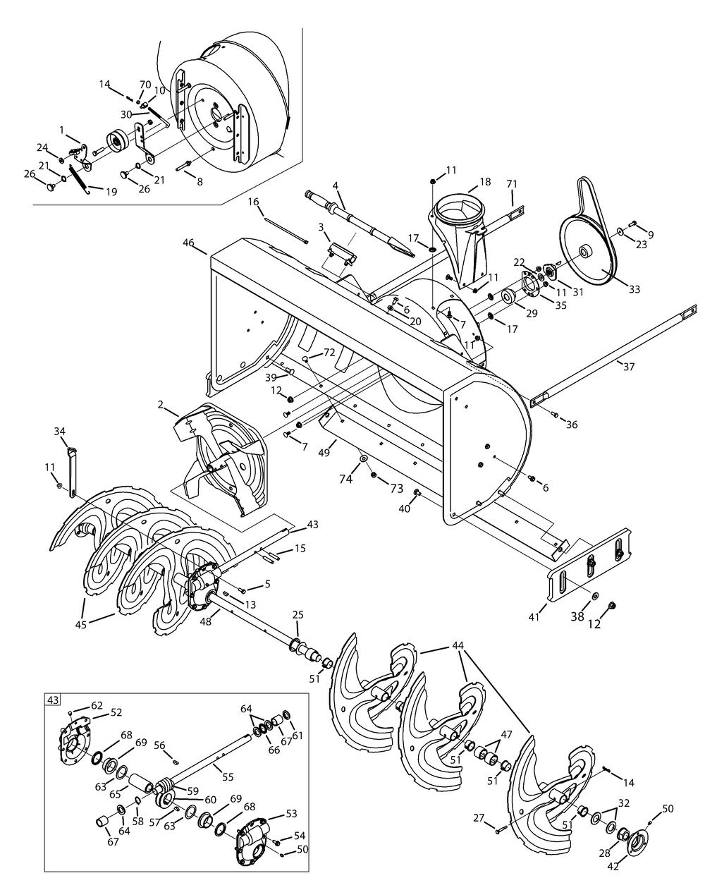 Auger, Housing And Gearbox Diagram and Parts List for 2X945SWE (31AH97SW756-31BH97SW710)(2013) Cub Cadet Snow Blower